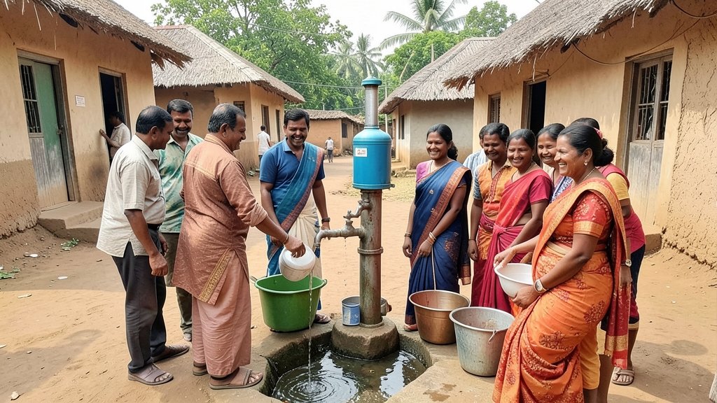 A photo of a village in rural India with a newly installed water supply system, with people gathered around a tap, smiling and collecting water in containers.