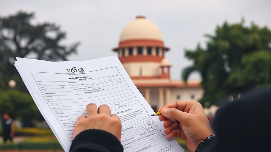 A picture of a person filling out a voter registration form with a backdrop of the Indian Supreme Court building