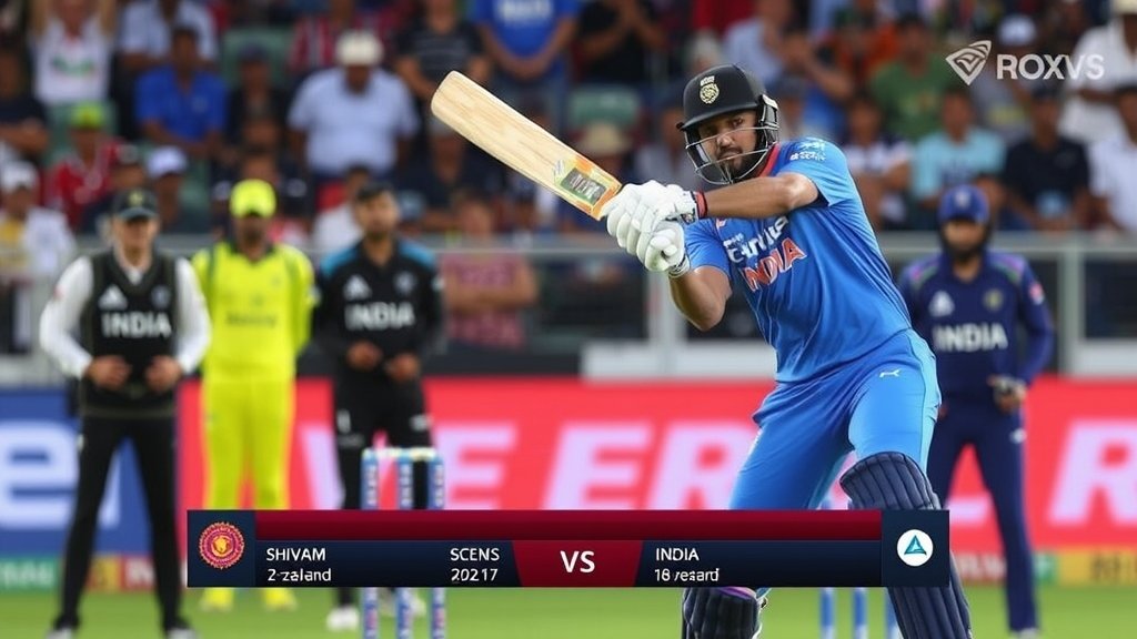 A photo of Shivam Dube batting in the 4th T20I match between India and New Zealand, with a mix of Indian and New Zealand players in the background, and a scoreboard showing the match highlights.