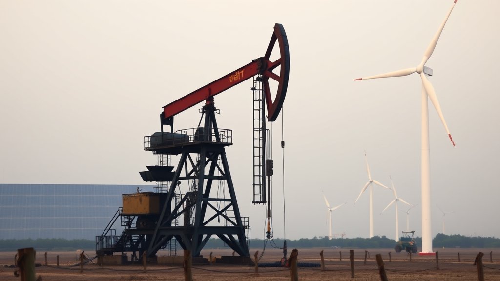 A photo of an oil drilling rig in India with a subtle background image of a solar panel or wind turbine, representing the country's shift towards renewable energy sources