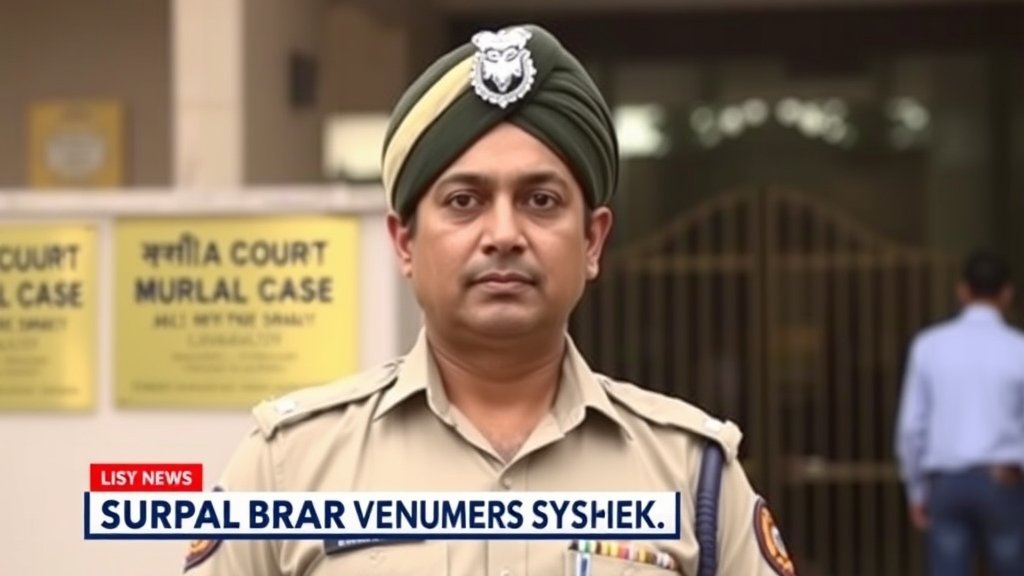 A photo of a Punjab police officer standing outside a court in Mohali, with a subtle background image of a news headline about the Gurlal Brar murder case