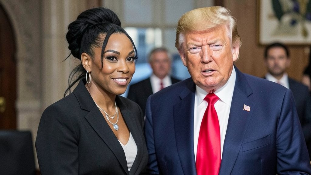 A photo of Nicki Minaj and Donald Trump together, with a subtle background that hints at their contrasting personalities and professions.