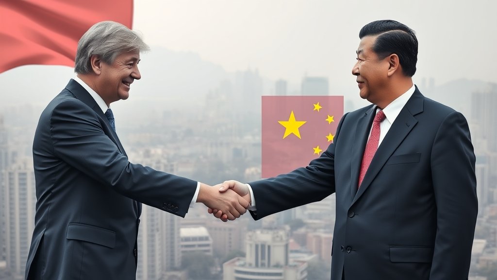 A photo of a British politician shaking hands with a Chinese leader, with a subtle background of a Chinese cityscape, symbolizing the complex dynamics of international diplomacy.