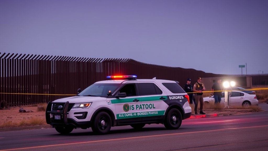 A photograph of the US-Mexico border with a border patrol vehicle and agents in the background, with a subtle hint of a shooting incident having occurred