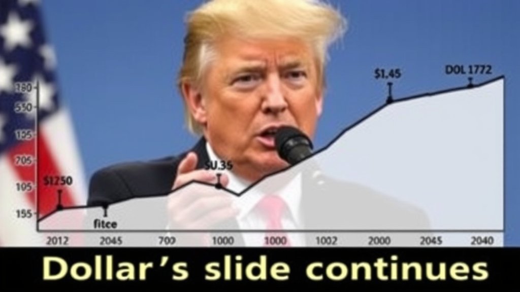 A graph showing the decline of the US dollar against other major currencies, with a picture of Donald Trump in the background, and a caption that reads "Dollar's slide continues"