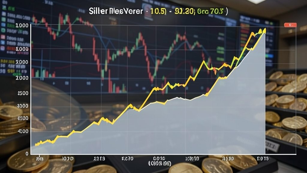 A graph showing the rise in silver and gold prices over the past year, with a background image of a stock market screen or a precious metals trading floor