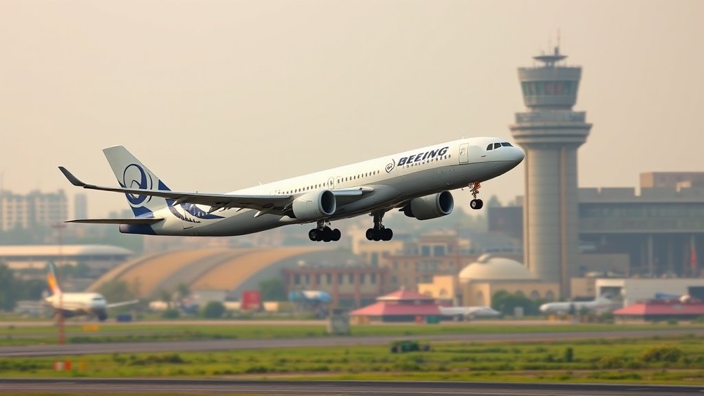 A photo of a Boeing airplane taking off or landing at a busy airport in India or South Asia, with a cityscape or landscape in the background.