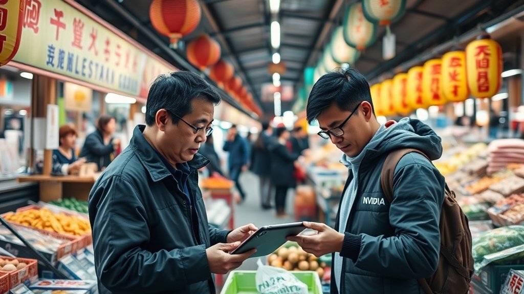 A photo of a Chinese market with a vendor and a customer looking at a device with an Nvidia logo, symbolizing the intersection of technology and global trade.