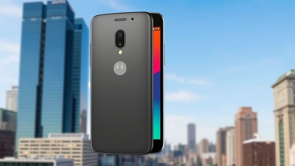 A high-quality image of the new Moto G phone with a cityscape background, highlighting its design and features.