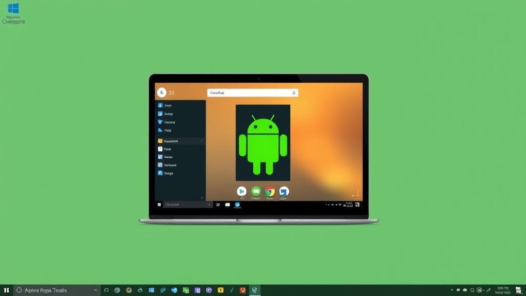 An image of a Windows 11 desktop with an Android app running on it, with a subtle background of coding or development elements to represent the integration of Android apps on PC.