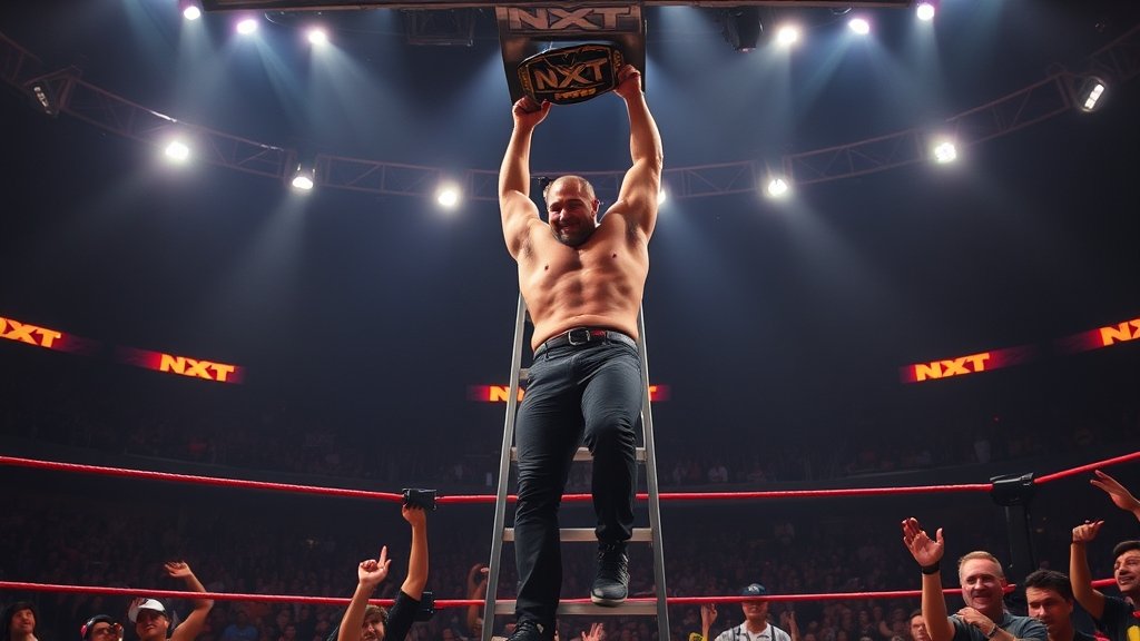 A dramatic image of a wrestler climbing a ladder in the ring, with the NXT championship belt hanging above, and a crowd of excited fans in the background.