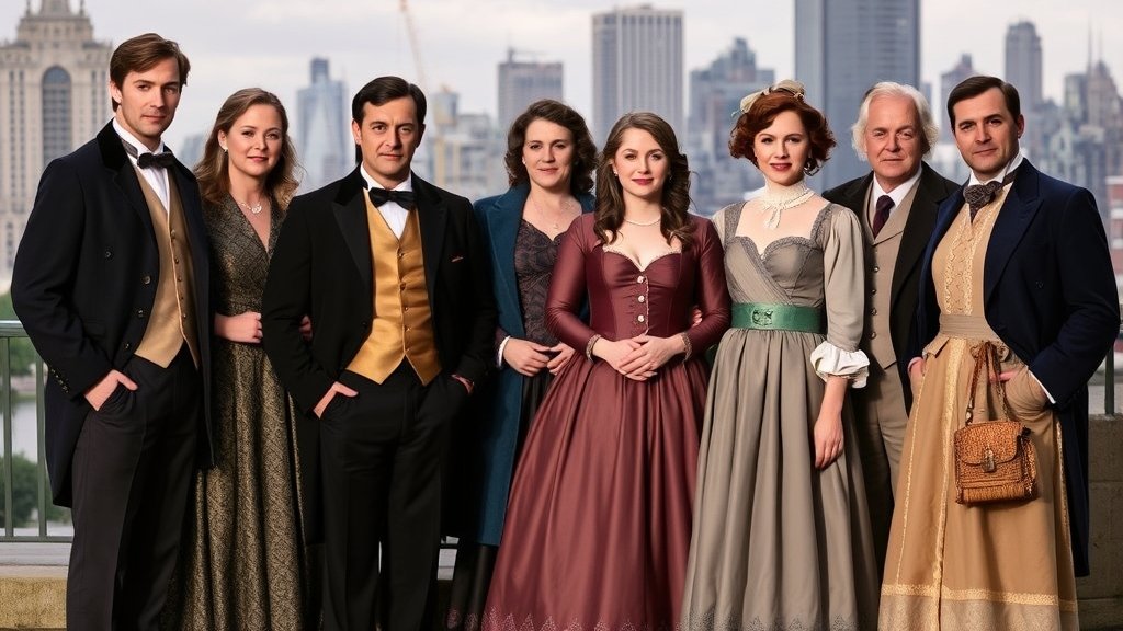 A group of actors from the Bridgerton series standing together in their costumes, with a cityscape in the background.