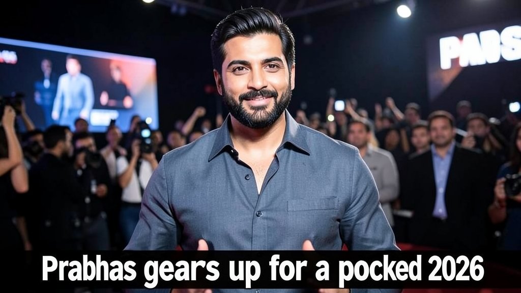A photo of Prabhas in a movie set, with a caption that reads "Prabhas gears up for a packed 2026"