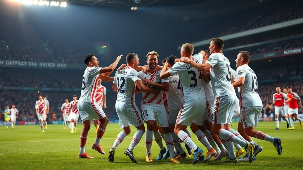 A dramatic photo of the Benfica vs Real Madrid match with players in action, preferably with a focus on the winning team's celebration