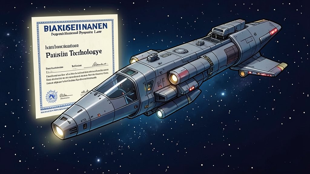 an illustration of a spaceship with a patent certificate in the background, symbolizing the intersection of space technology and intellectual property law