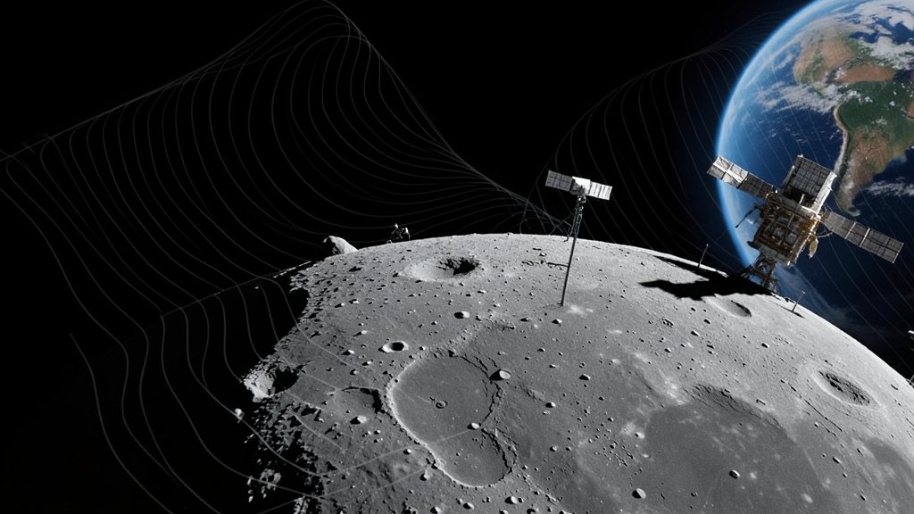 A high-resolution image of the Moon's surface with a spacecraft in the background, and a faint image of the Earth in the distance, with a subtle water droplet or wave pattern overlay to represent the mystery of water on our planet.