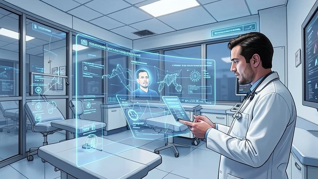 A futuristic illustration of a hospital with digital twin technology integrated into its operations, showcasing a doctor analyzing patient data on a virtual platform.