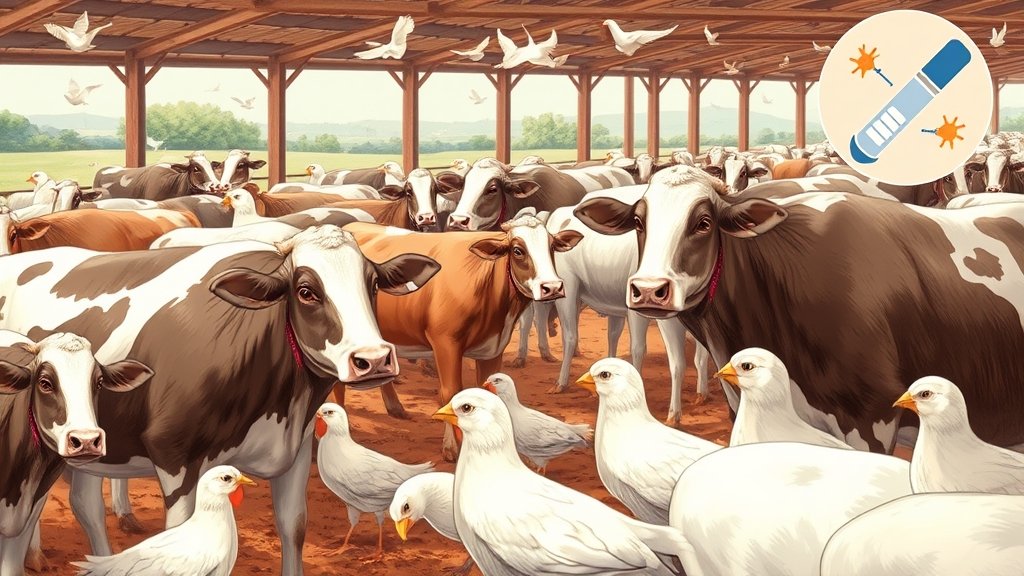 A detailed illustration of a dairy farm with birds in the background, highlighting the interaction between birds and cattle, with a subtle hint of a laboratory setting in the corner, symbolizing the detection of bird flu antibodies.