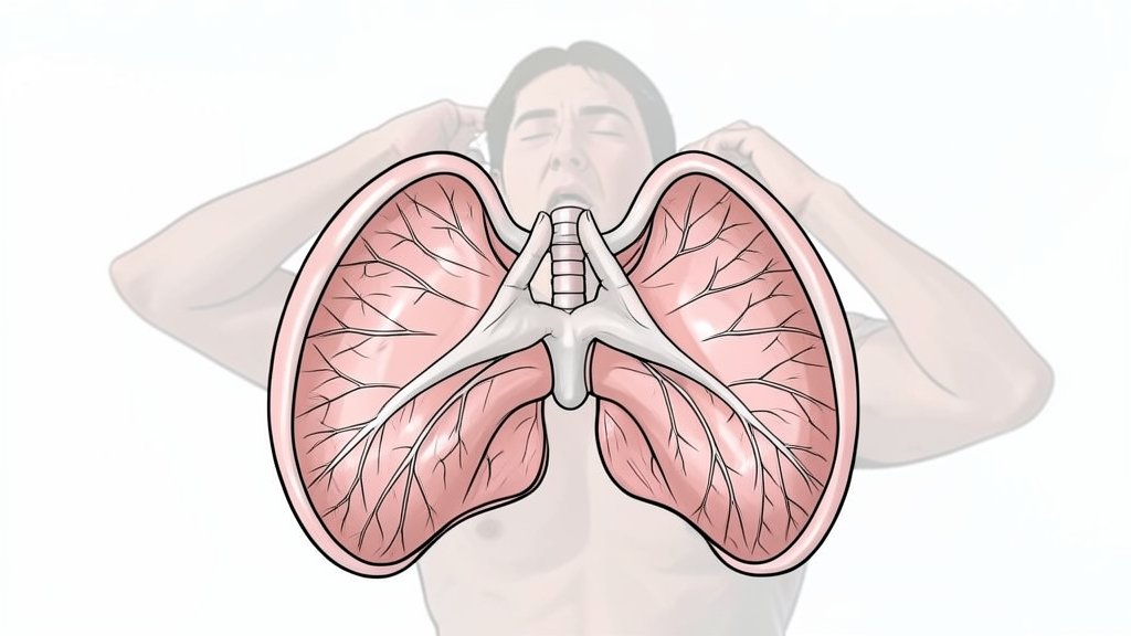 a detailed illustration of the human diaphragm with a subtle background image of a person doing breathing exercises
