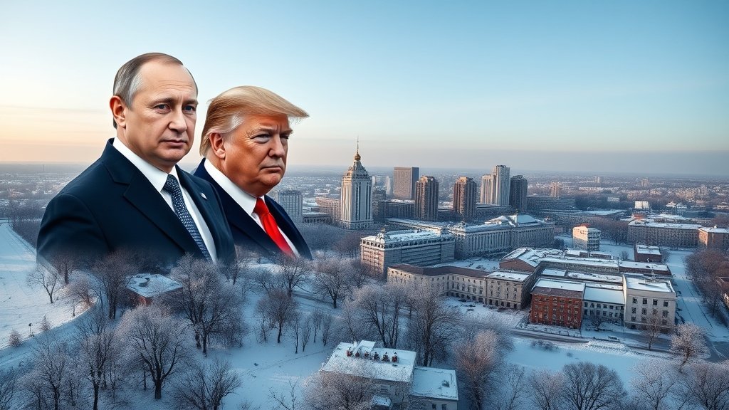 A photo of a frozen Ukrainian cityscape with a subtle image of Putin and Trump in the background, symbolizing the temporary cease-fire agreement.