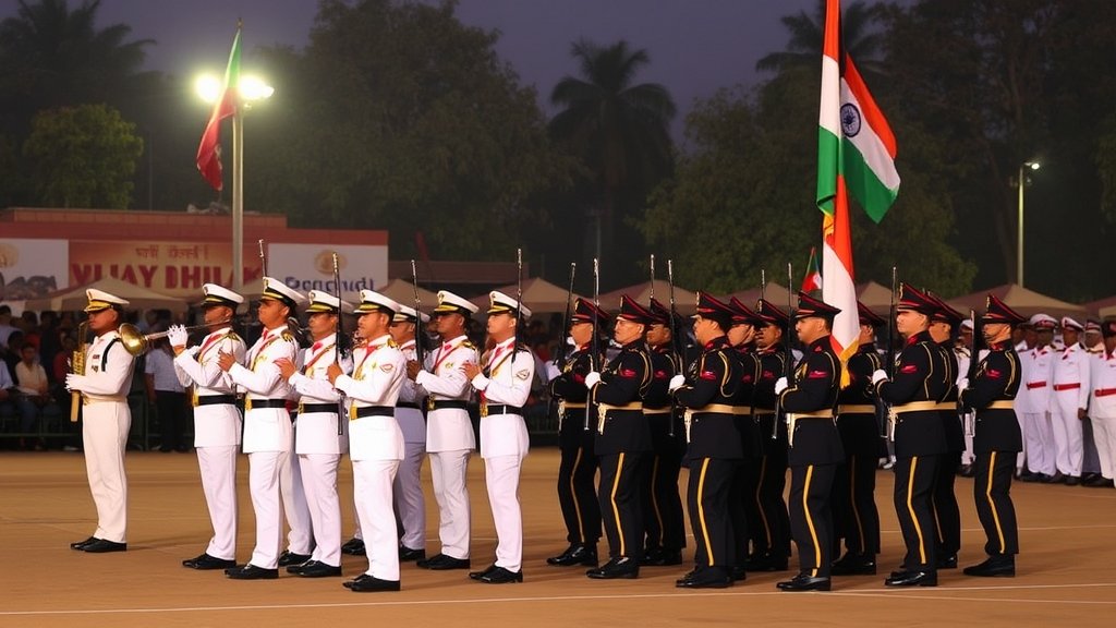 A photo of the Beating Retreat Ceremony at Vijay Chowk in New Delhi, with the Indian Army, Navy, and Air Force bands performing together, and the crowd watching in the background.