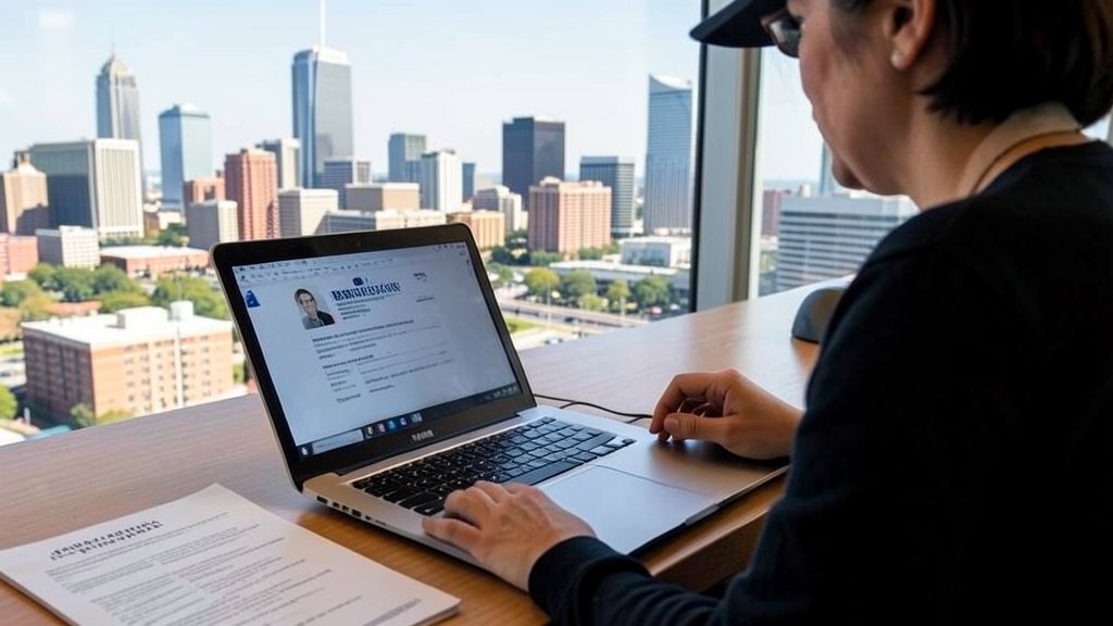 A photograph of a person sitting at a desk with a laptop and a US visa application form, with a cityscape of Texas in the background, conveying the idea of foreign workers in the United States.