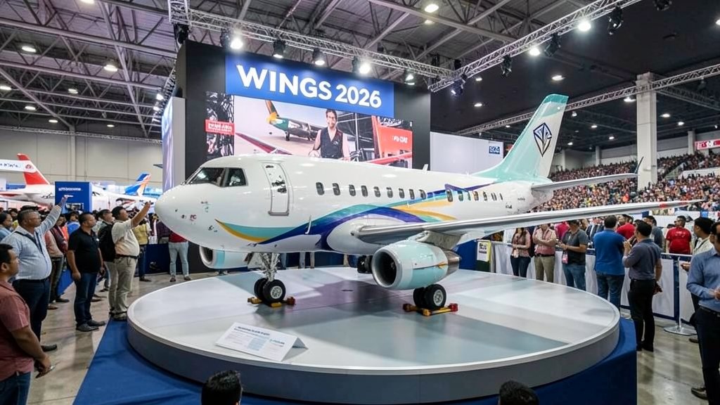 A photo of a modern Indian-made aircraft on display at the Wings 2026 exhibition, with a backdrop of a bustling airshow and people admiring the plane.
