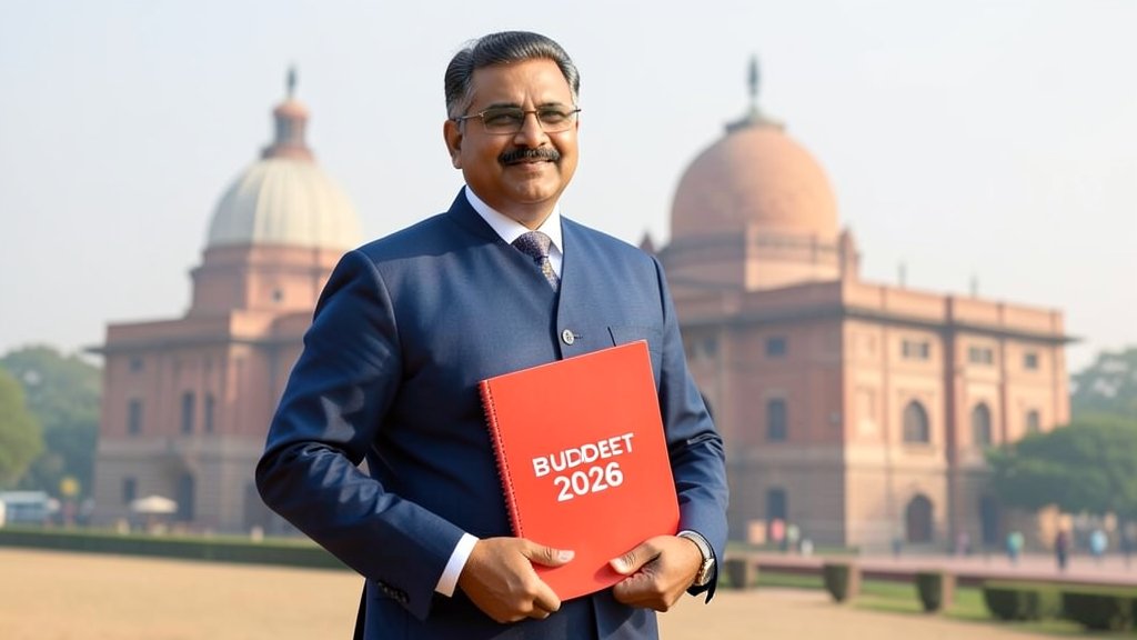 A picture of the Indian Finance Minister holding a briefcase with a red folder marked "Budget 2026" in the background, with a subtle image of the Indian parliament building.