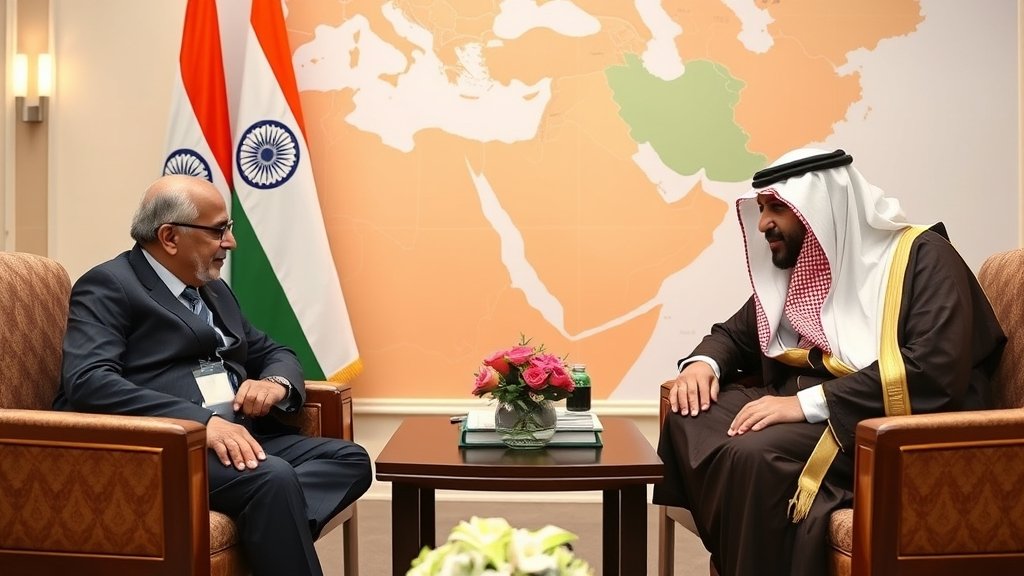A photo of Indian and Arab foreign ministers meeting in a conference room with a map of the Middle East in the background