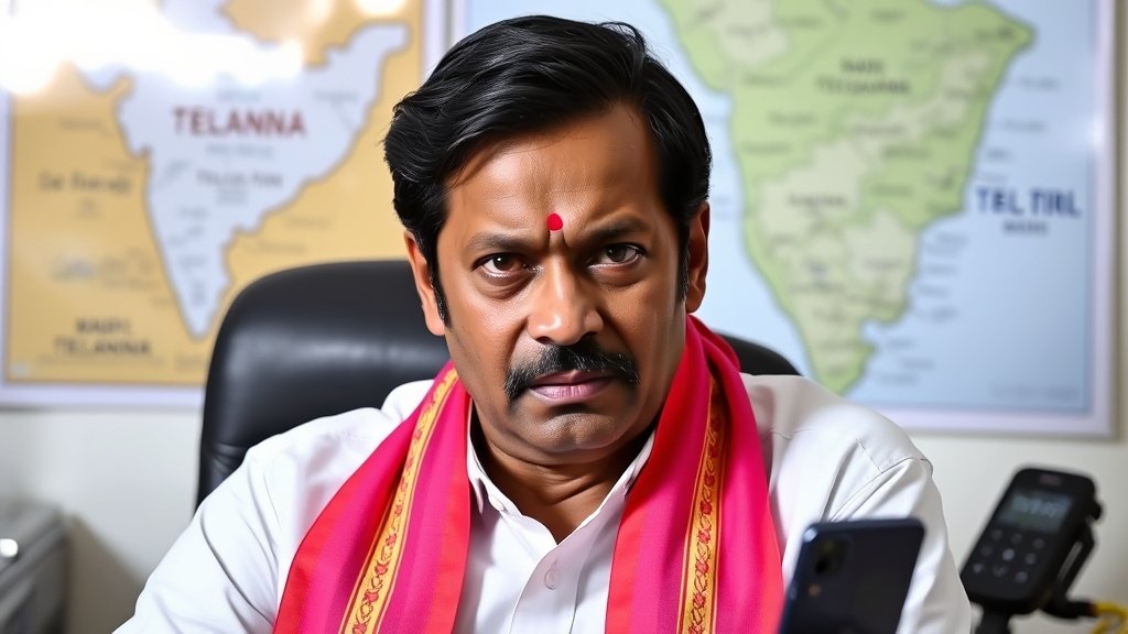 A photo of KCR with a serious expression, with a Telangana map in the background and a phone with a tapping device nearby.