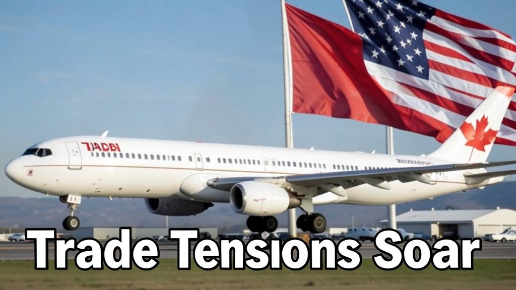 A photo of a commercial airliner with a Canadian flag and a US flag in the background, with a caption "Trade Tensions Soar"