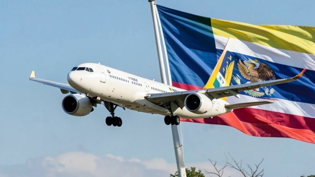 A photo of a commercial airliner taking off or landing, with a Venezuelan flag in the background, symbolizing the reopening of Venezuela's airspace to US flights.