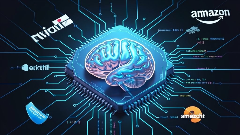 A futuristic illustration of a computer chip with a brain-like structure, surrounded by coding lines and circuits, with the logos of Nvidia, Microsoft, and Amazon in the background.