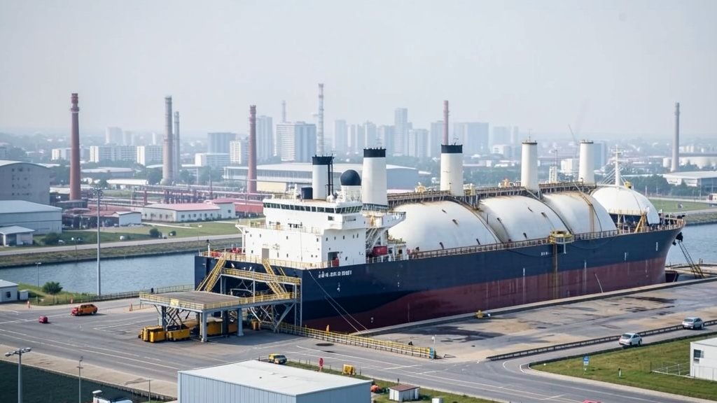 A photo of an LNG tanker or a bunkering facility with a subtle background of a city or industrial area, representing the intersection of energy and urban development.