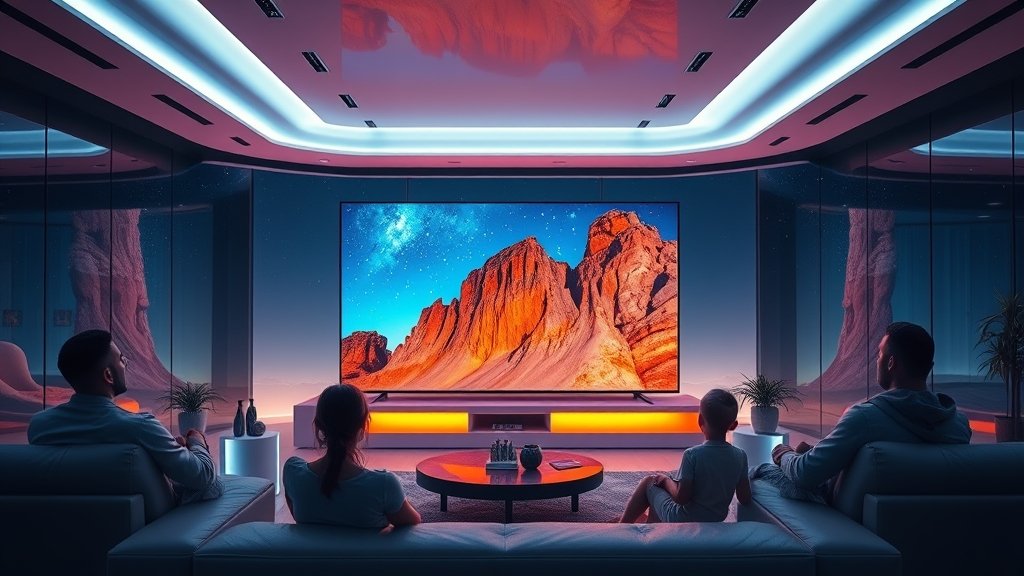 A futuristic living room with a large smart TV displaying a stunning 8K resolution image, with a few people sitting on a couch and enjoying the visuals.