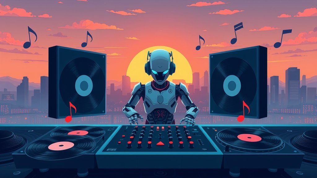 A futuristic illustration of a music streaming platform with a robot DJ in the background, surrounded by vinyl records and musical notes, with a cityscape at sunset in the background.