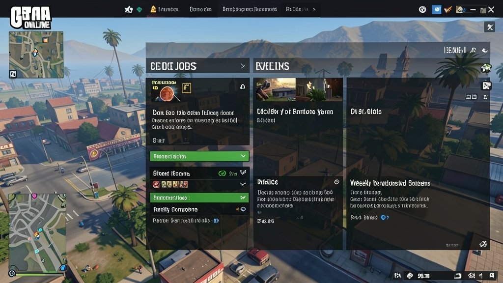 A screenshot of the GTA Online game interface showing the new odd jobs and weekly bonuses, with a cityscape in the background.