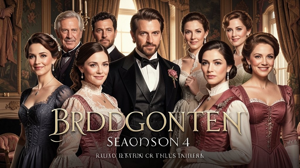 A poster of the Bridgerton Season 4 cast, with a mix of old and new characters, set against a Regency-era backdrop with a hint of modern flair