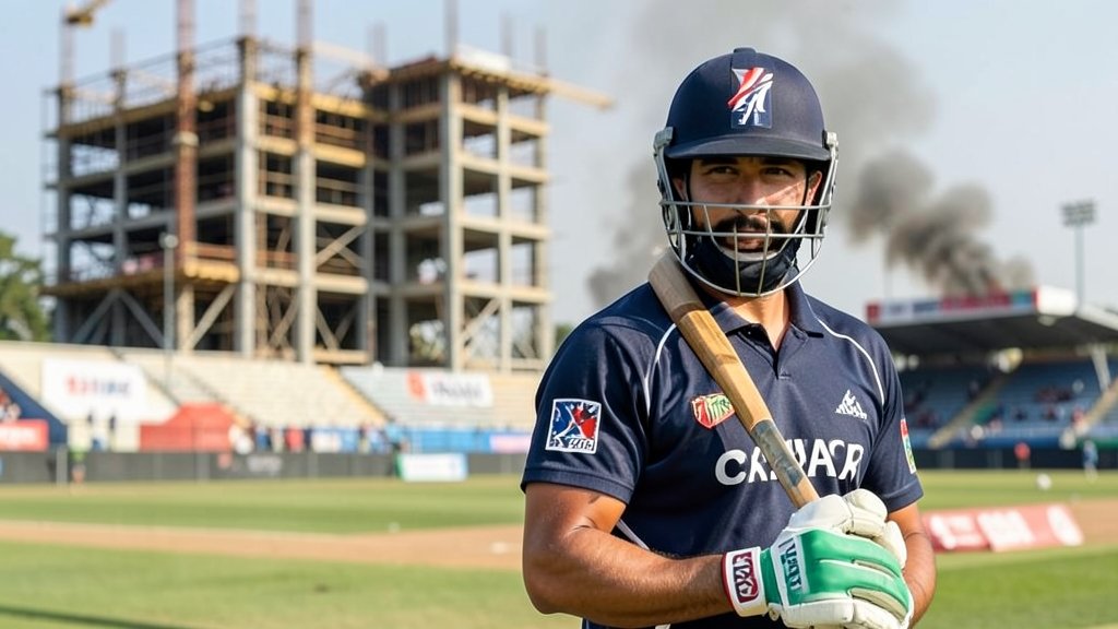 A photo of a cricket player wearing a face mask during a match, with a construction site visible in the background, highlighting the impact of pollution on sports.
