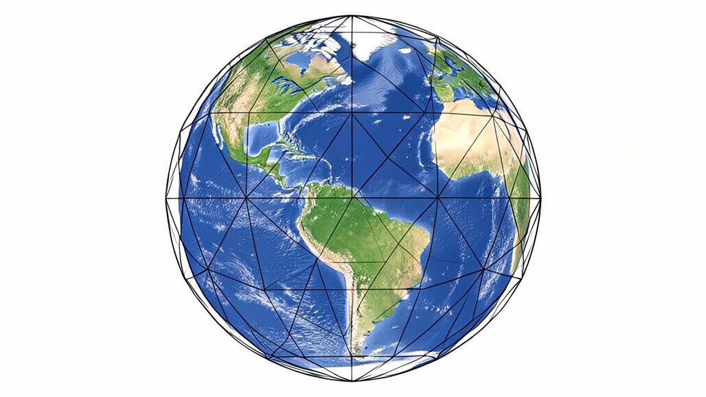 पृथ्वी प्रणालियों में वैश्विक ज्यामितीय संरचना: उच्च-सymmetry गोलीय ग्रिड के खिलाफ भूभौतिकीय डेटा के सांख्यिकीय परीक्षण