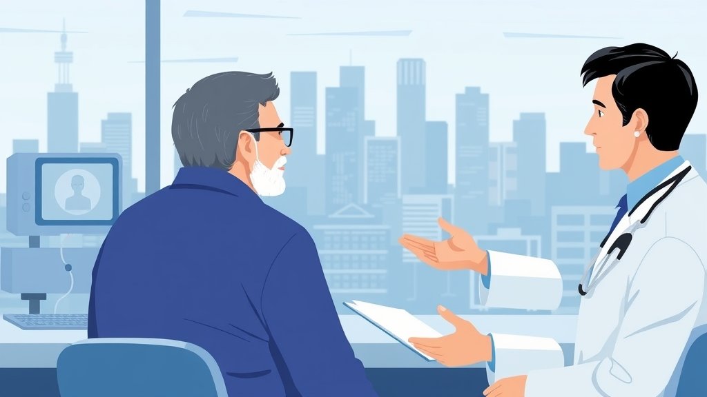 An illustration of a doctor explaining prostate cancer treatment options to a patient, with a subtle background of medical equipment and a cityscape, symbolizing the intersection of healthcare and innovation.