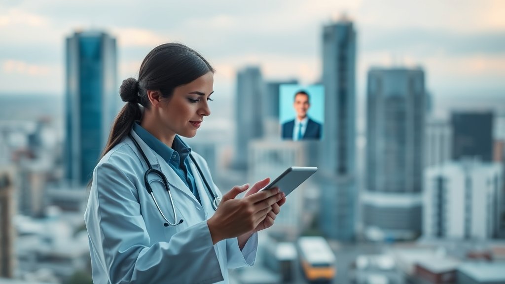 A doctor using a tablet to consult with a patient remotely, with a cityscape in the background, highlighting the intersection of technology and healthcare.