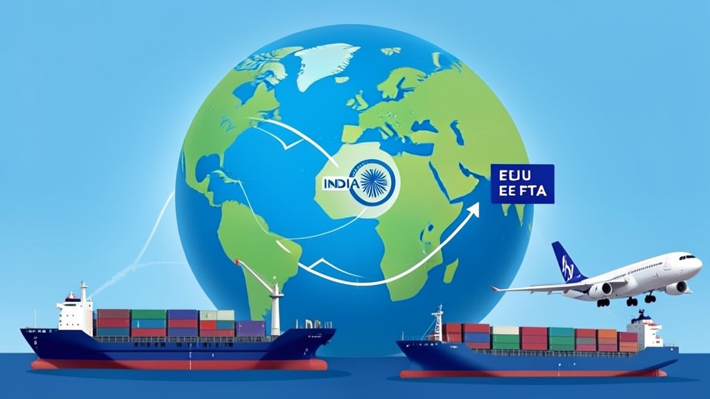 A graphic illustration of the India-EU FTA, with a globe in the background, highlighting the connection between India and the European Union, with a few cargo ships and planes in the foreground, symbolizing increased trade and commerce.