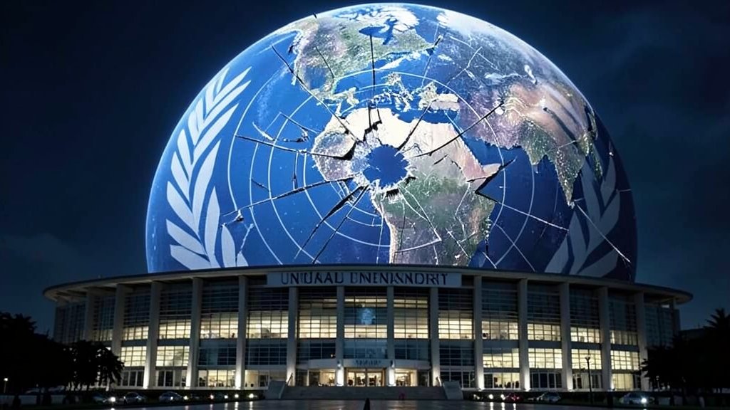 A dramatic illustration of the United Nations headquarters with a cracked or broken globe in the background, symbolizing the potential financial collapse of the organization.