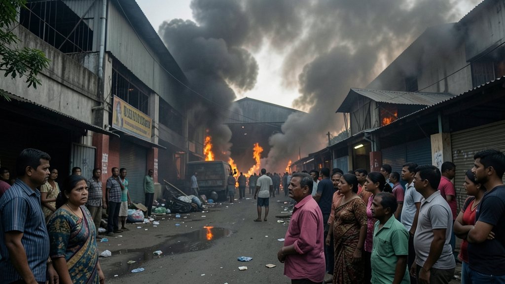 A somber image of a warehouse fire in Kolkata with people gathered outside, looking worried and concerned.