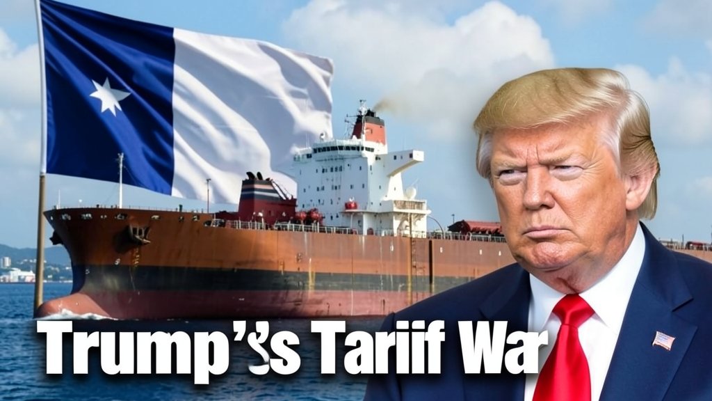 A picture of a oil tanker ship with a Cuban flag in the background, and a subtle image of Donald Trump in the foreground, with a caption "Trump's Tariff War"