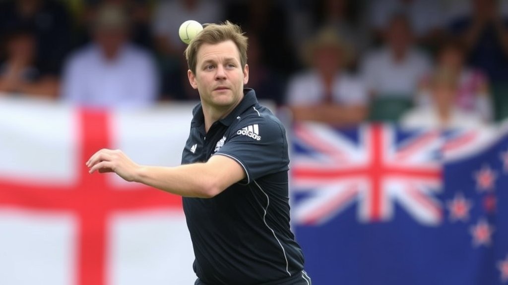 A photo of Manny Lumsden bowling in a cricket match with a focused expression, with the England and New Zealand flags visible in the background.