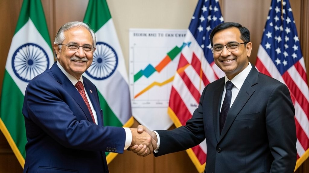 An image of a handshake between Indian and American business leaders with a background of Indian and American flags and a graph showing the growth of trade between the two countries.