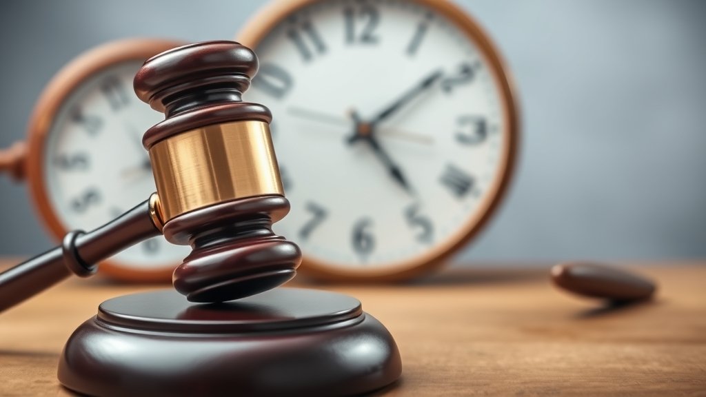 A gavel and a clock in the background, with a judge's desk in the foreground, symbolizing the balance between justice and time limits in arbitration proceedings.