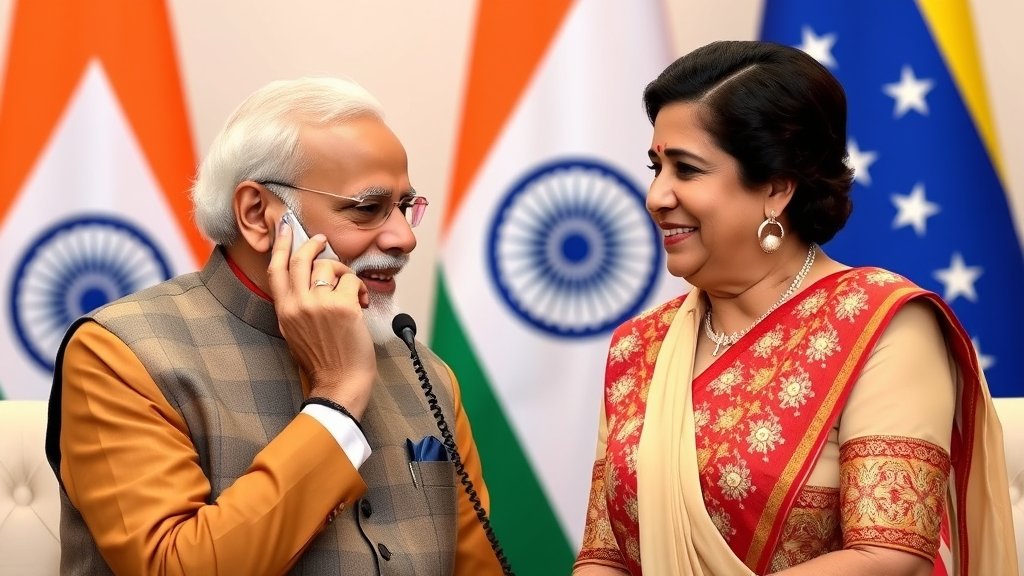 A photo of PM Modi and Delcy Rodríguez having a phone call, with Indian and Venezuelan flags in the background, symbolizing the strengthening of diplomatic ties between the two nations.